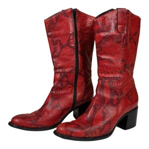Details Italian Red Leather Snakeskin Print Mid-Calf Cowboy Boots Size 8.5B